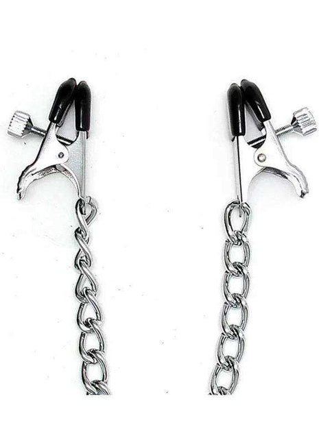 Nipple clamps in shiny silver metal with black tips, adjustable screw knobs, and dangling linked chains