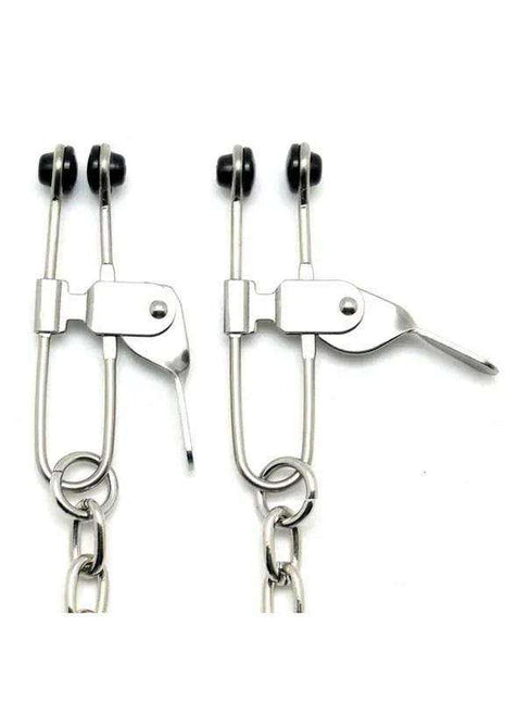 Nipple Clamps in polished silver metal with black tips, adjustable lever closures and dangling chain attachments