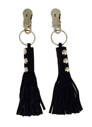 Nipple Clamps with silver metal clips and rings, finished with long black tassels and silver studs