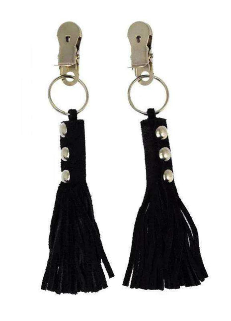 Nipple Clamps with silver metal clips and rings, finished with long black tassels and silver studs