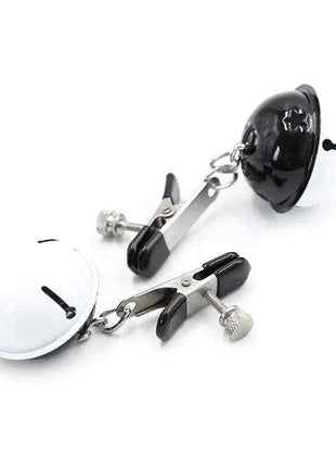 Nipple Clamps with Bell featuring two adjustable metal clamps, black and white rounded ends, and connecting chains