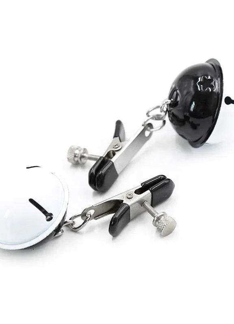 Nipple Clamps with Bell featuring two adjustable metal clamps, black and white rounded ends, and connecting chains
