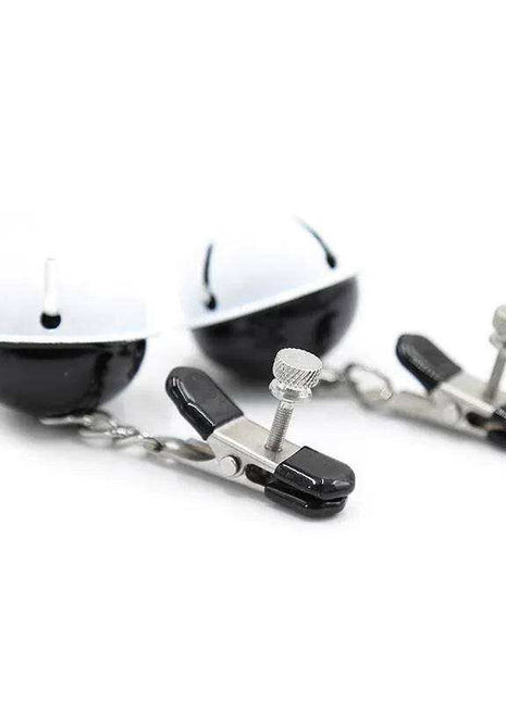 Nipple Clamps with Bell featuring adjustable silver metal clamps, black padded ends, connecting chains and black-and-white bells