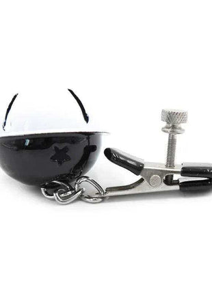 Nipple Clamps with Bell featuring silver adjustable metal clamps, black tips, and a black-and-white bell with star cutouts