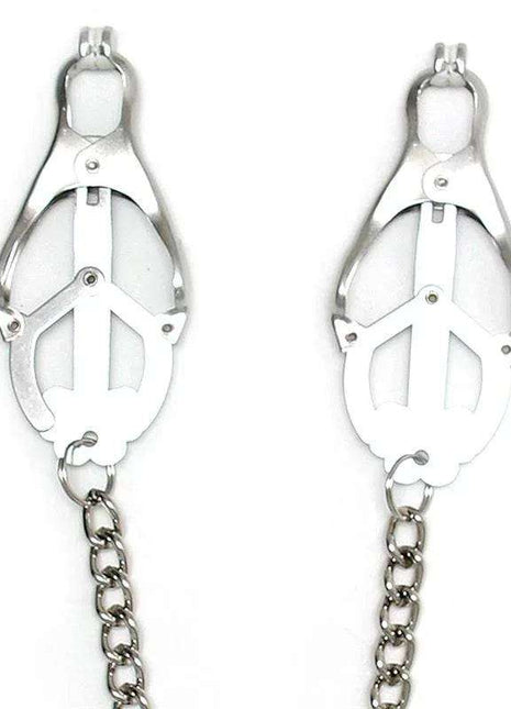 Nipple Clamps With Chain in shiny silver metal, featuring adjustable clamp mechanisms and a chunky connecting chain