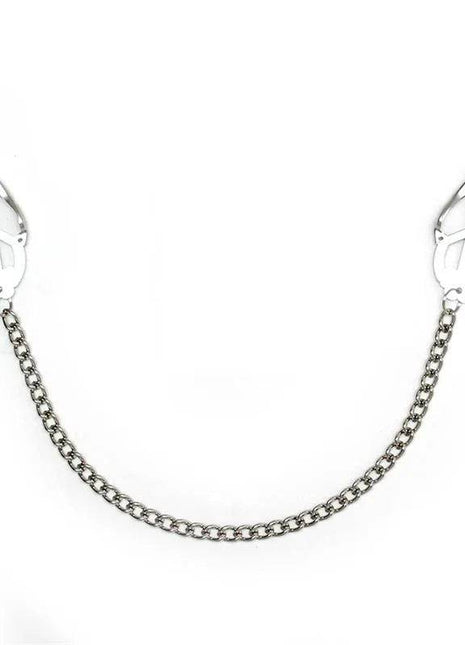 Nipple Clamps With Chain featuring polished silver-tone metal clamps with oval details joined by a matching chain