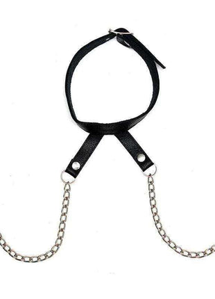 Nipple Clamps with Collar featuring a black adjustable strap collar, silver chains and metal clips, with no visible clamps
