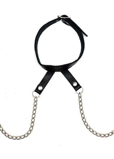 Nipple Clamps with Collar featuring a black adjustable strap collar, silver chains and metal clips, with no visible clamps