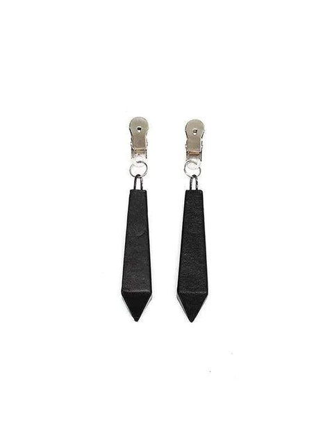 Nipple Clamps with Weights featuring a pair of black tapered weights attached to small silver metal clamps