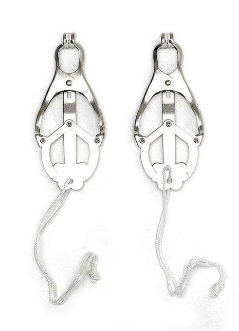 Nipple Clamps Without Chain, a pair of silver-tone metal clamps with oval tips and thin white cords