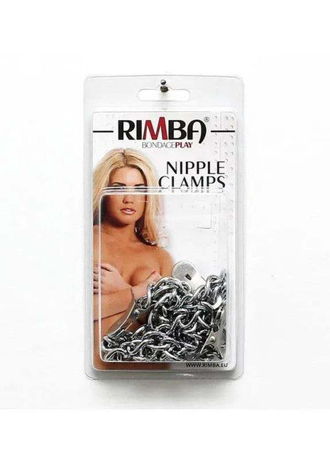Nipple to Labia Clamps packaged as silver metal nipple clamps with a heavy chain, in clear retail packaging