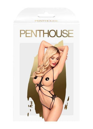 No Taboo Teddy Black with Straps lingerie shown on packaging, featuring black sheer mesh, open cups and multiple thin straps