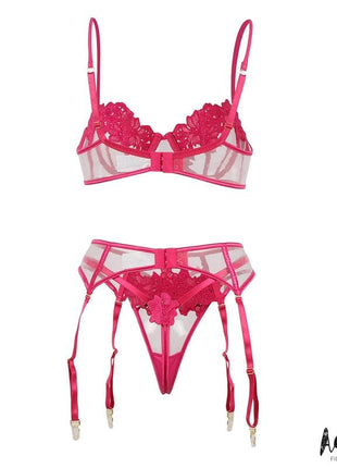 Nora bra, thong, and garter belt Set with Flowers Fuchsia