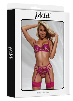 Nora bra, thong, and garter belt Set with Flowers Fuchsia