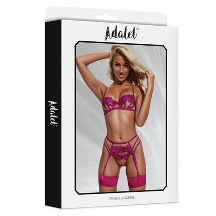 Nora bra, thong, and garter belt Set with Flowers Fuchsia