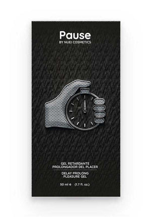 Nuei Retardant Gel Pause packaging in a black textured box, with a silver hand-and-clock graphic and white lettering.