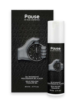 Nuei Retardant Gel Pause in a black and white airless dispenser and matching box, with a watch graphic and textured pattern.