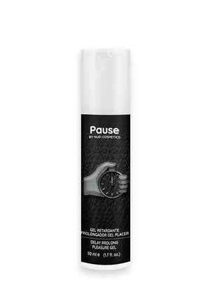 Nuei Retardant Gel Pause in a slim white airless dispenser with a black textured label and watch graphic.