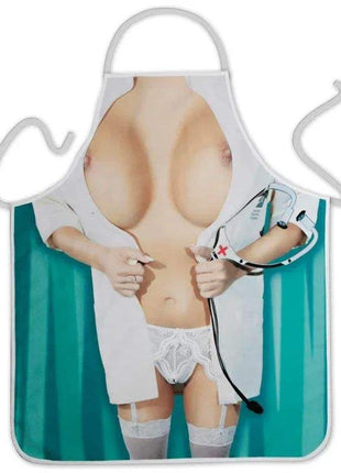 Nurse Apron with a humorous printed doctor in underwear and stockings, teal striped background and white borders