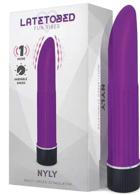 Nyly Multi-Speed Stimulator Purple, a smooth purple vibrator with a rounded tip, ribbed shaft and black ridged base beside its box