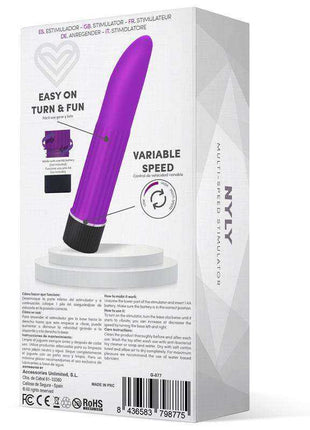 Nyly Multi-Speed Stimulator Purple with a smooth purple tapered body and black ridged base, shown on its packaging