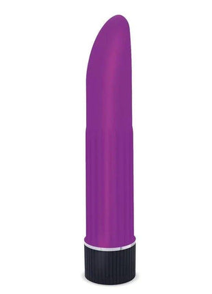 Nyly Multi-Speed Stimulator Purple with a smooth, tapered purple body, ribbed black base, and slim silver accent ring.
