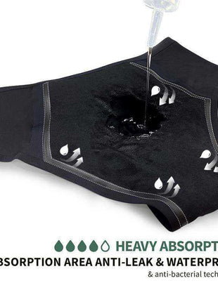Ocean Menstrual Panty Heavy black reusable underwear with a stitched absorbent gusset, shown testing water absorption