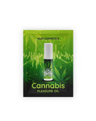 Pleasure oil display pack in green and black cannabis-leaf print, featuring a small roll-on bottle; Oh! Holy Mary Pleasure Oil