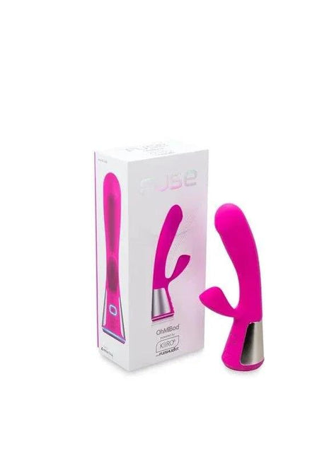 Ohmibod Fuse Interactive Vibe in bright pink with a curved silicone body and metallic base, shown beside its retail box