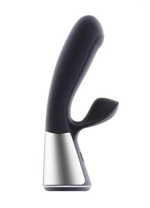 Ohmidod Fuse Interactive Vibe sex toy with a curved black silicone shaft, silver base and separate short external arm.