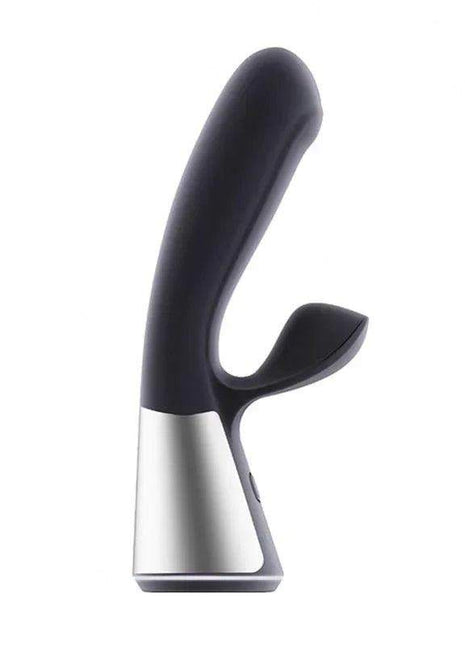 Ohmidod Fuse Interactive Vibe sex toy with a curved black silicone shaft, silver base and separate short external arm.