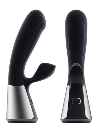 Ohmidod Fuse Interactive Vibe in black silicone with a curved shaft, secondary arm and silver-and-black base