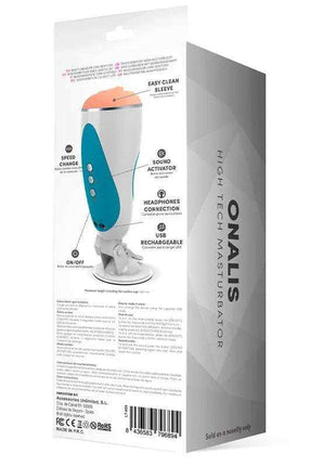 Onalis High Tech Masturbator shown on its white and grey retail box, featuring a teal control panel and suction base