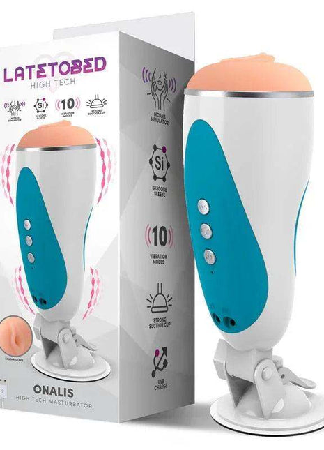 Onalis High Tech Masturbator in white and teal with peach silicone opening, three buttons and suction cup base