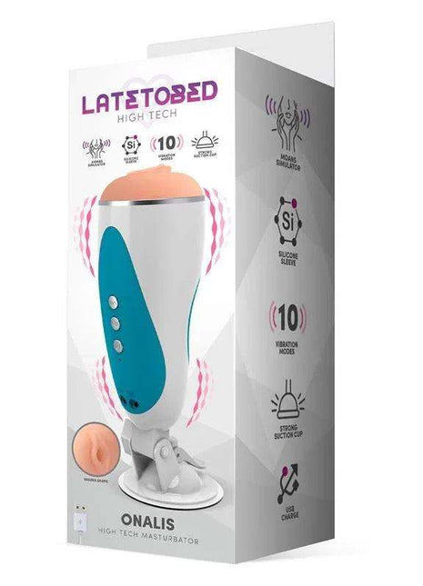 Onalis High Tech Masturbator shown on its white and turquoise product box, with ten vibration modes and USB charging icons