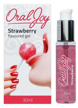 Oral Gel Strawberry bottle and box with pink gel, white cap, red lettering and strawberry flavour label