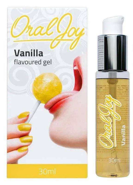 Oral Gel Vanilla in a clear 30 ml pump bottle with golden gel, beside white packaging with yellow lettering and vanilla flavor graphics