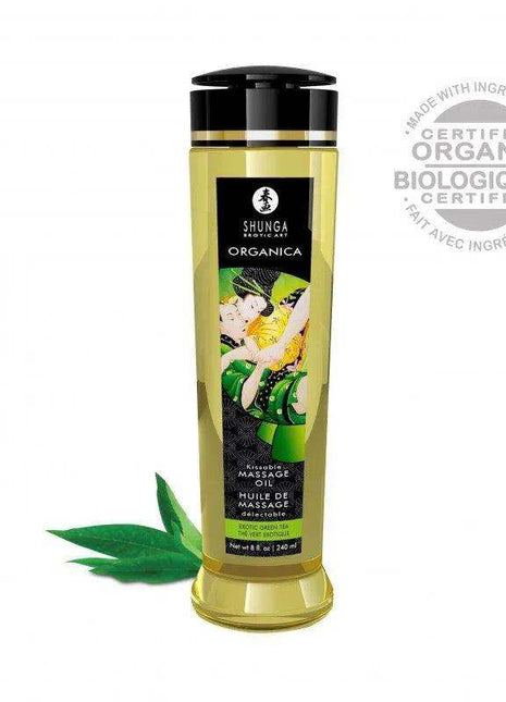 240 ml bottle of organic green tea massage oil for relaxation and skin care