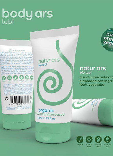 Organic Lubricant Vegan in mint green and white tubes, featuring a green swirl logo and organic water-based label