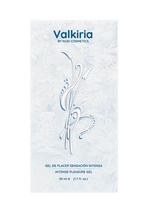 Orgasm Intensifier Valkiria pleasure gel in a white 50 ml carton with pale blue ornamental floral artwork