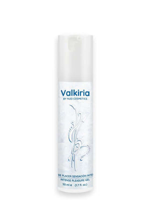 Orgasm Intensifier Valkiria gel in a slim white 50 ml bottle with blue lettering and delicate silver-blue line art.