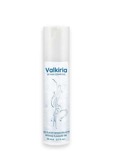 Orgasm Intensifier Valkiria gel in a slim white 50 ml bottle with blue lettering and delicate silver-blue line art.