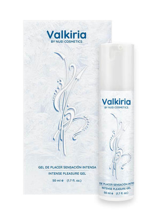 Orgasm Intensifier Valkiria gel in a white 50 ml bottle and matching box with pale blue swirls and blue lettering