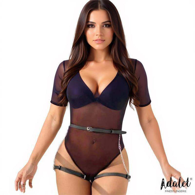 Oriana vegan leather belt harness with chain and integrated leg rings for women, one size, cruelty-free PU material, edgy fashion accessory