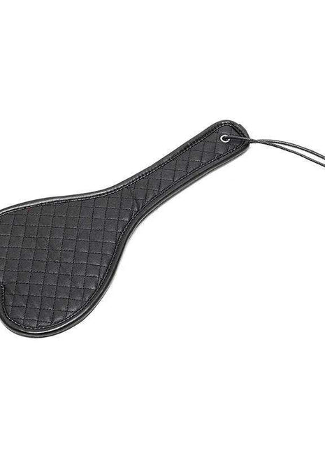 Paddle Heart 30 cm paddle-shaped accessory in black quilted material with stitched edging and a hanging cord