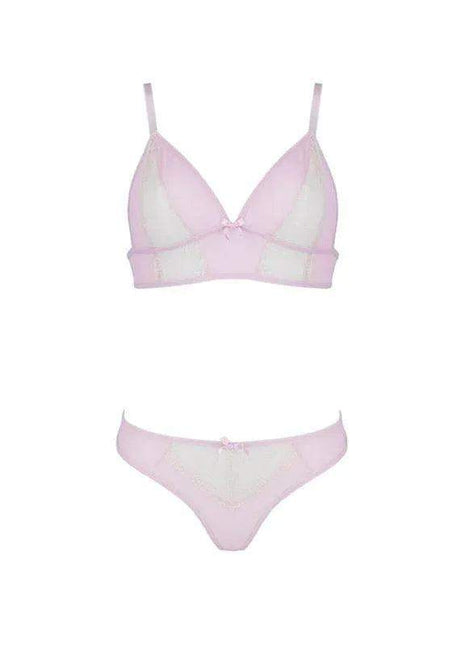 Pamela Set Pink lingerie features a pale pink bralette and briefs with sheer panels, thin straps and delicate bows