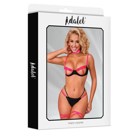 Pauline Bra, Panties, Leg Rings and Choker Set Black and Pink