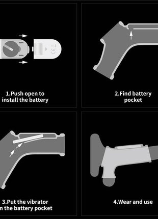 Penis and testicles sleeve shown in a four-step diagram for opening the battery compartment, inserting the vibrator and wearing it