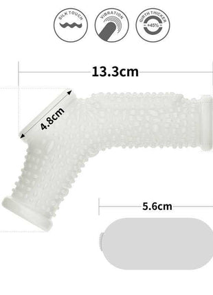 Penis and testicles sleeve in translucent white textured silicone-like material with raised bumps and a compact vibrator.