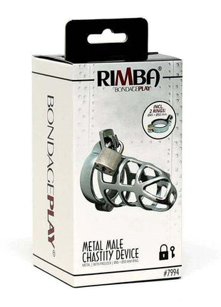 Penis Chastity 45 MM metal male chastity device with a silver open cage and locking ring, shown on its box
